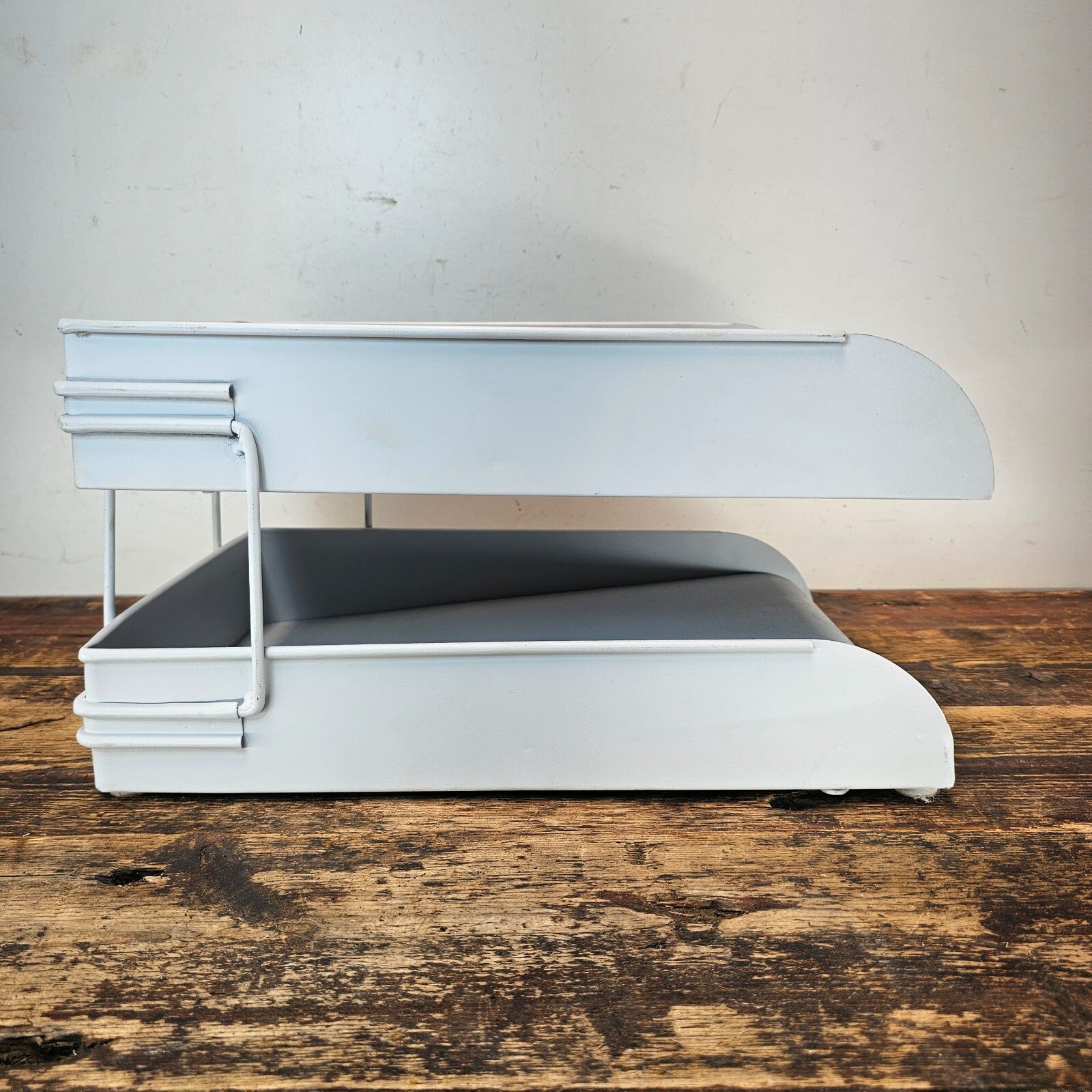 Vintage Pale Blue 2-Tier Industrial Metal Paper Tray / Desk Organizer