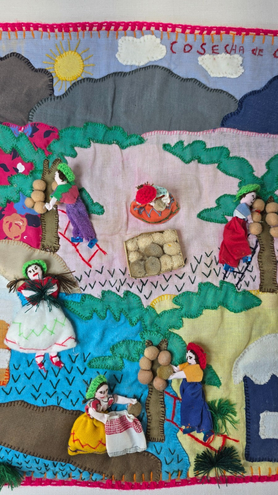 Vintage Peruvian Arpillera Wall Embroidery Textile Art “Cosecha de …” 19"x17"