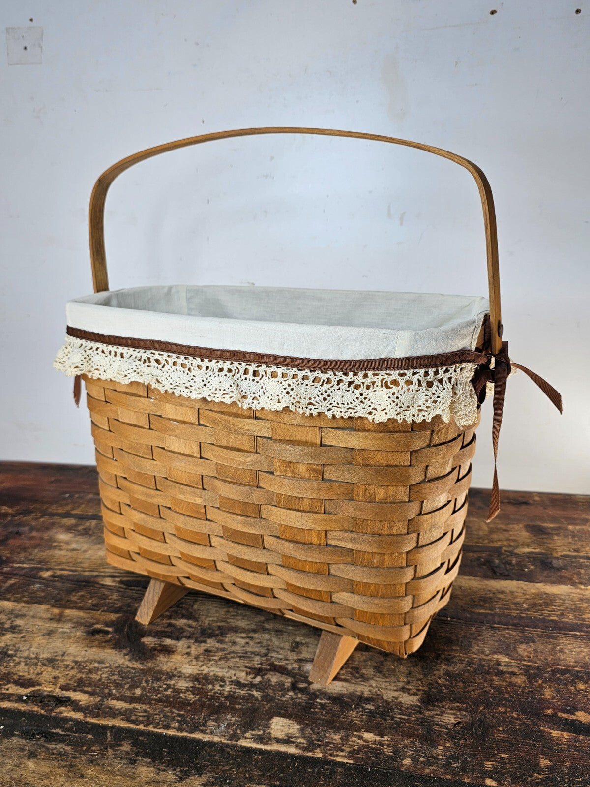 Longaberger Footed Magazine Basket-Swinging Handle With Original Liner 1985