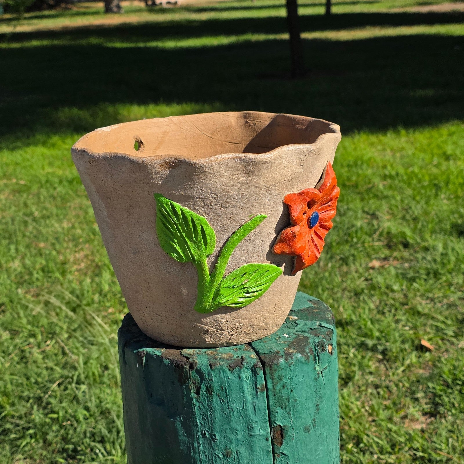 Vintage Atzompa Oaxaca Terracotta Wall Pocket Planter with Orange Flower