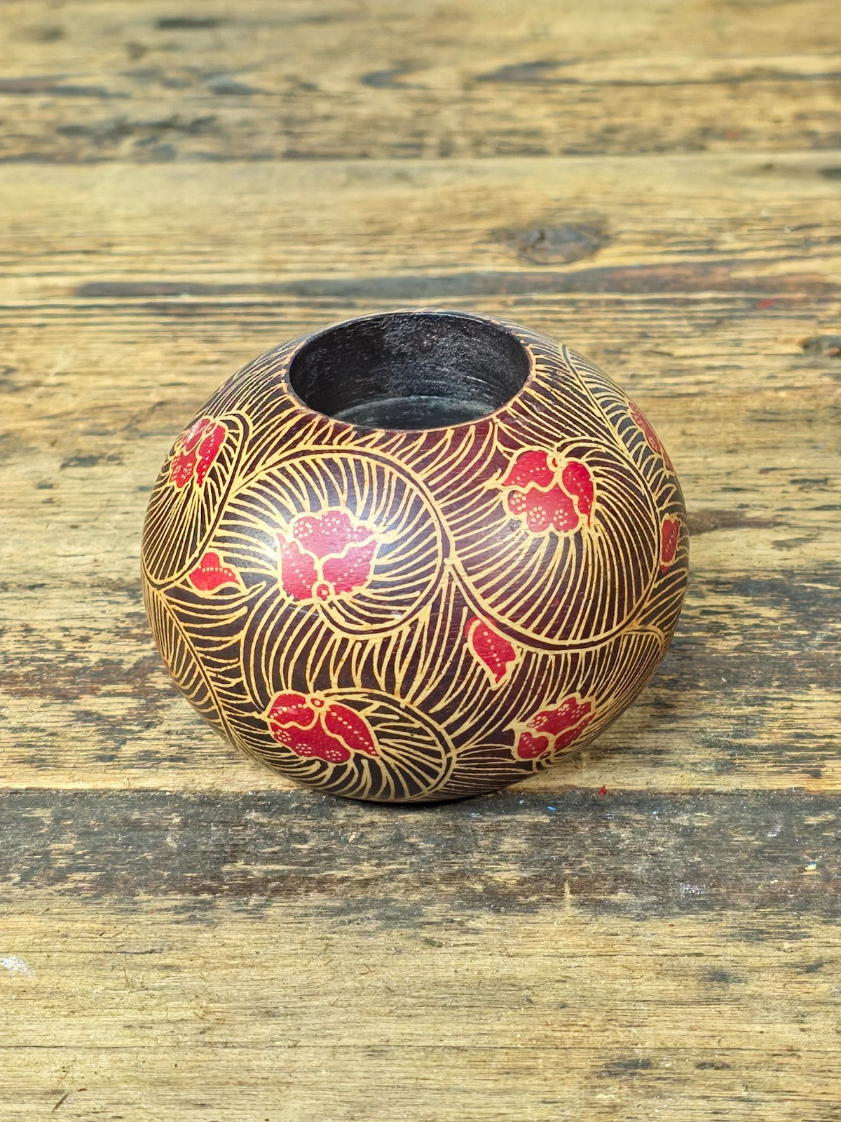 Wooden Votive Candle Holder – Red & Flesh-Tone Floral Design Asian / Boho Decor