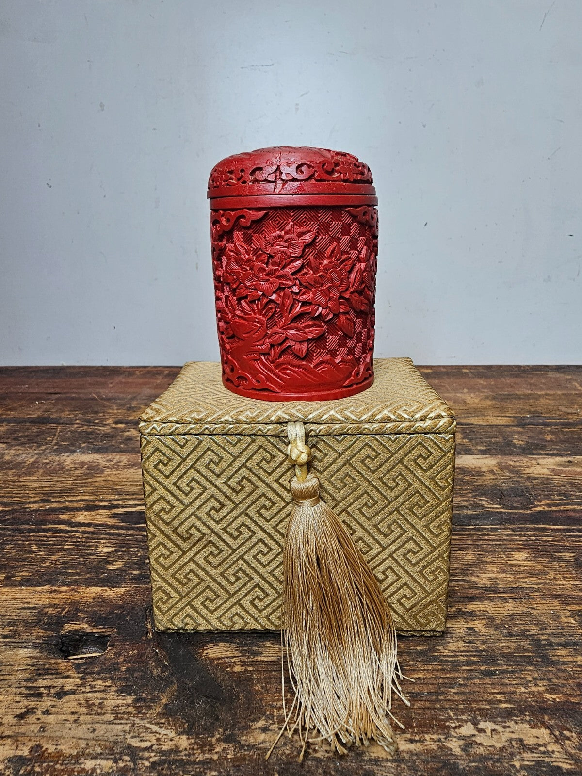 Vintage Chinese Cinnabar Round Canister Jar Kempinski Hotel Beijing in China