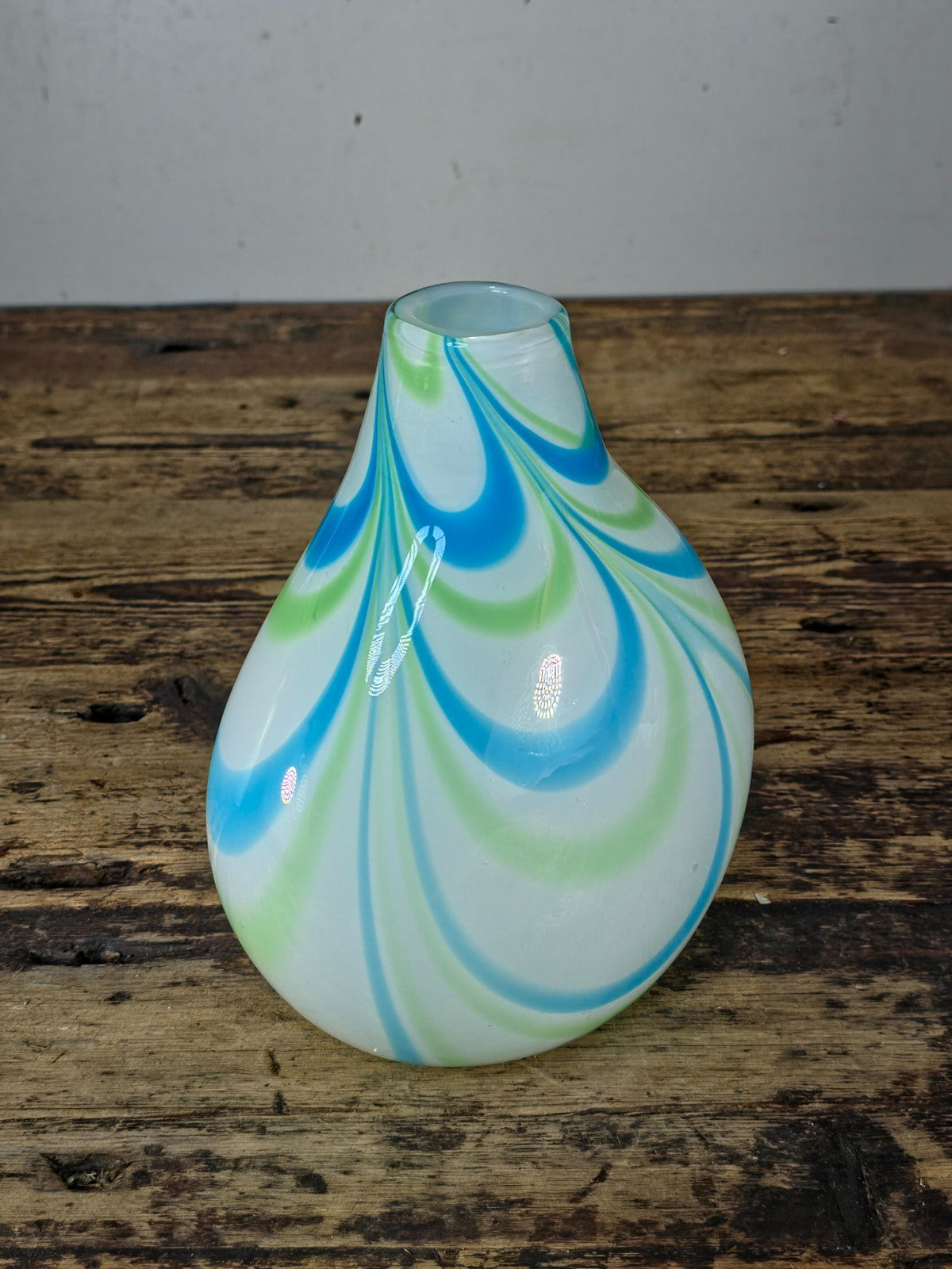 Margie’s Garden Hand Blown Glass Vase with Blue & Green Swirl Pattern