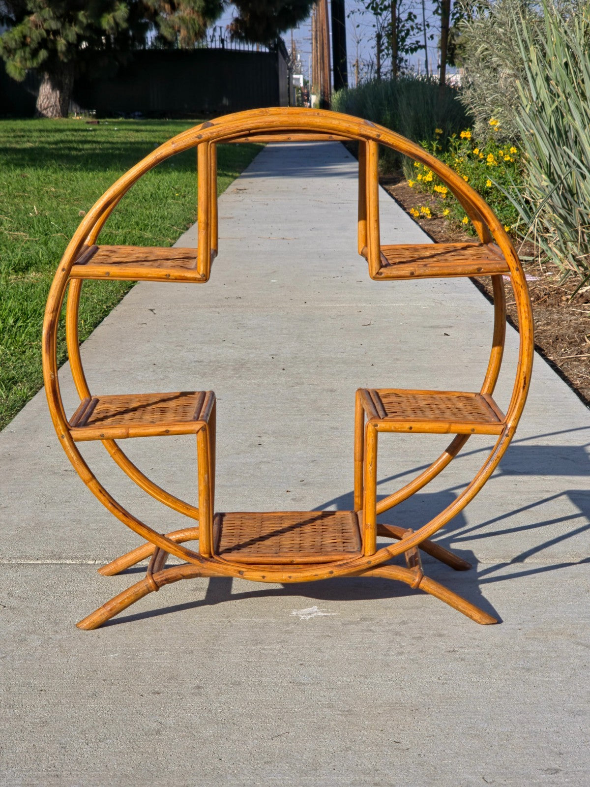 Rare 1930s-50s Boho Rattan Circle Shelf | 6-Tier Wicker Plant Stand Masterpiece