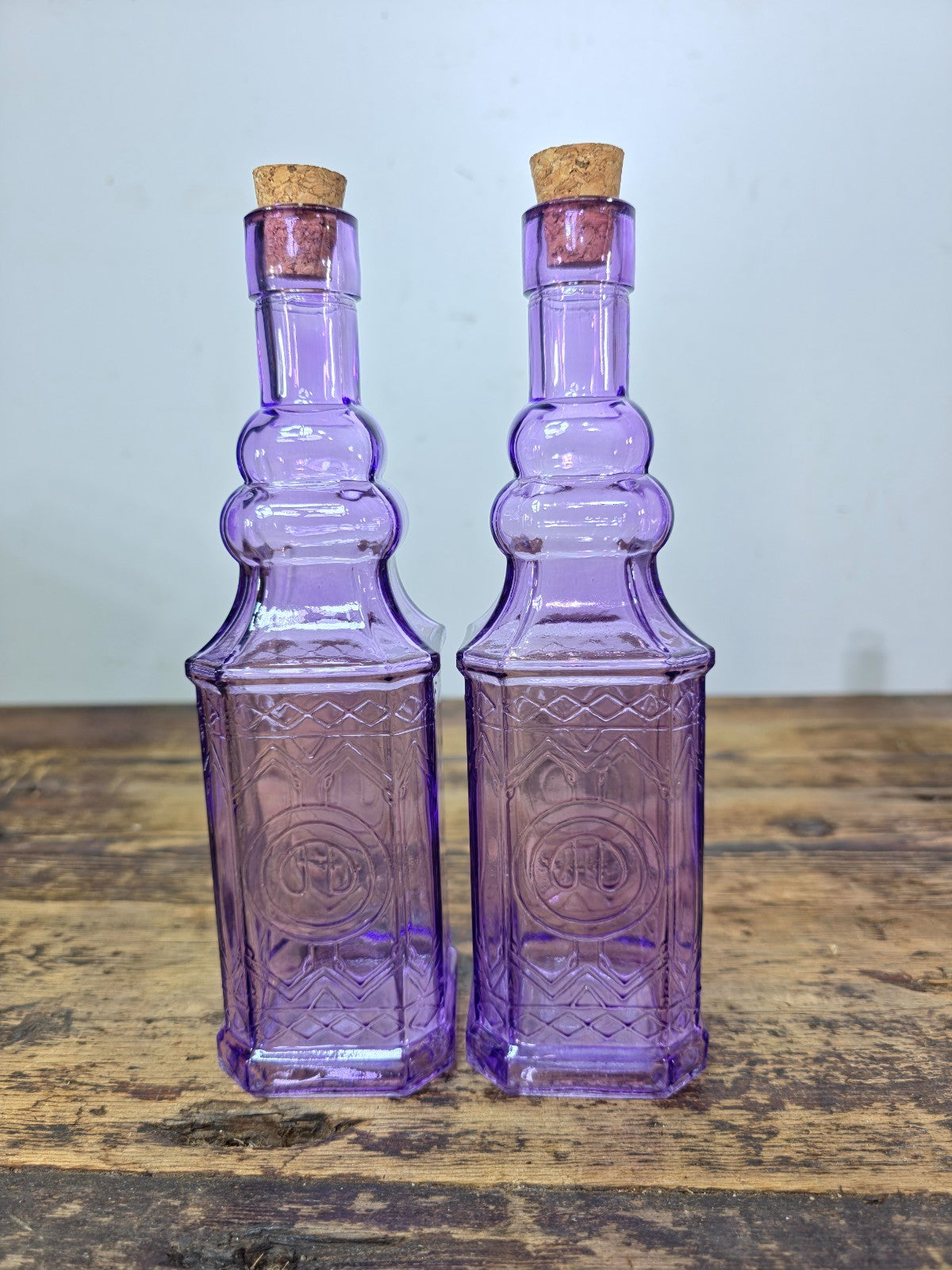 Vintage-Style Purple Pressed Glass Decorative Bottles with Corks - Set of 6