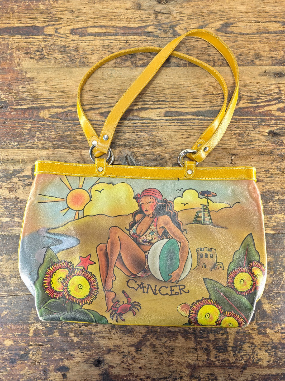 Isabella Fiore Cancer Zodiac Leather Tote Bag Hand Painted Pinup Girl