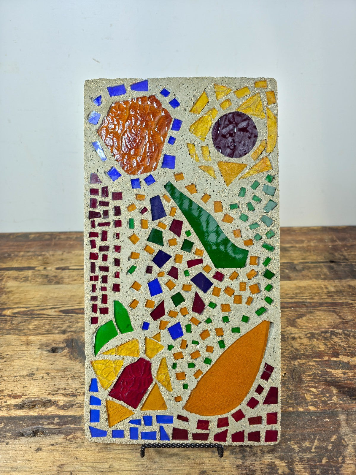Glass Mosaic Art Tile Mid Century Style Abstract Colorful Wall Plaque 7.2lb.