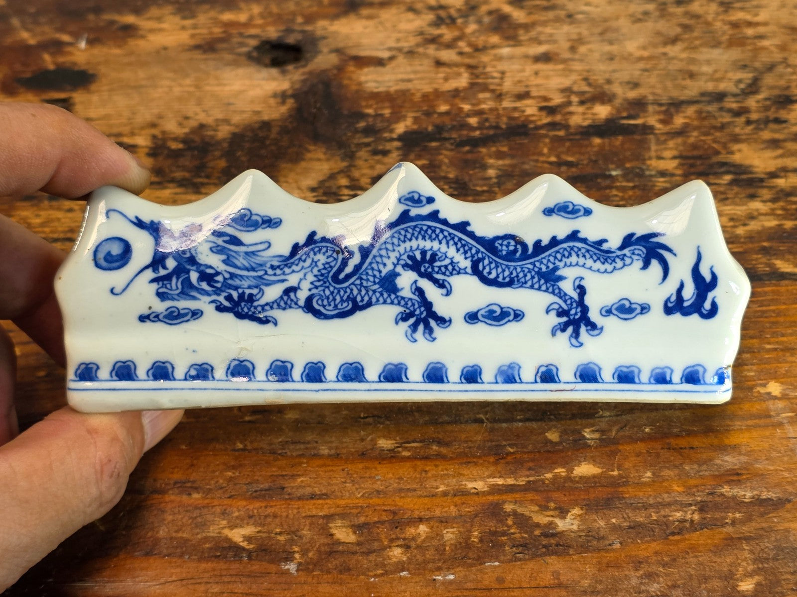 Blue and White Porcelain Brush Rest with Dragon Design