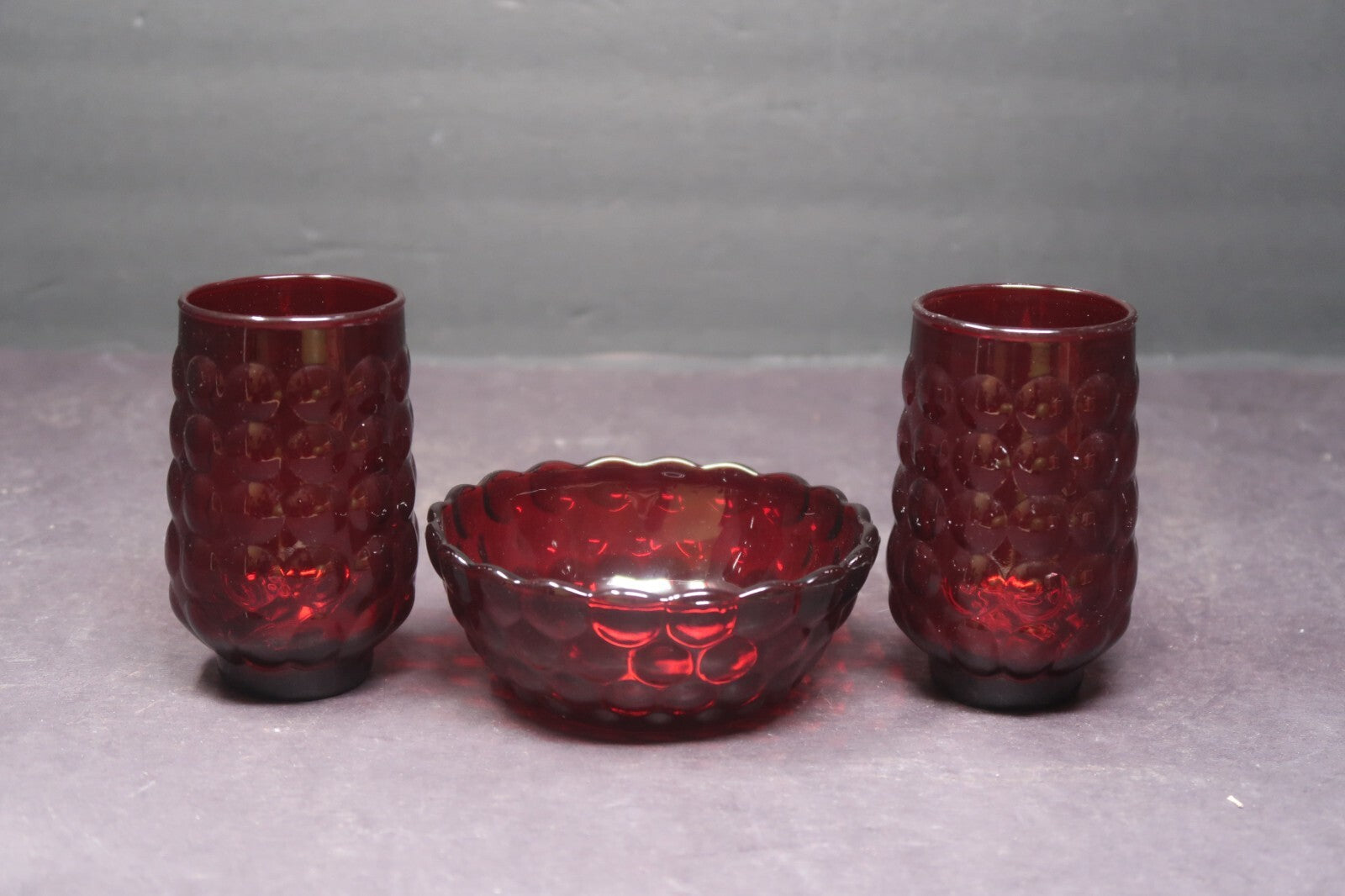 Vintage Anchor Hocking Royal Ruby Red 3 Piece Bubble Set 2 Tumblers & 1 Bowl