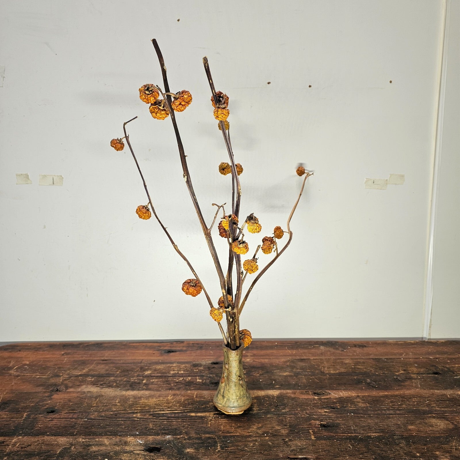 Dried Pumpkins On Sticks In A Singed Vase Asian Style Decoration