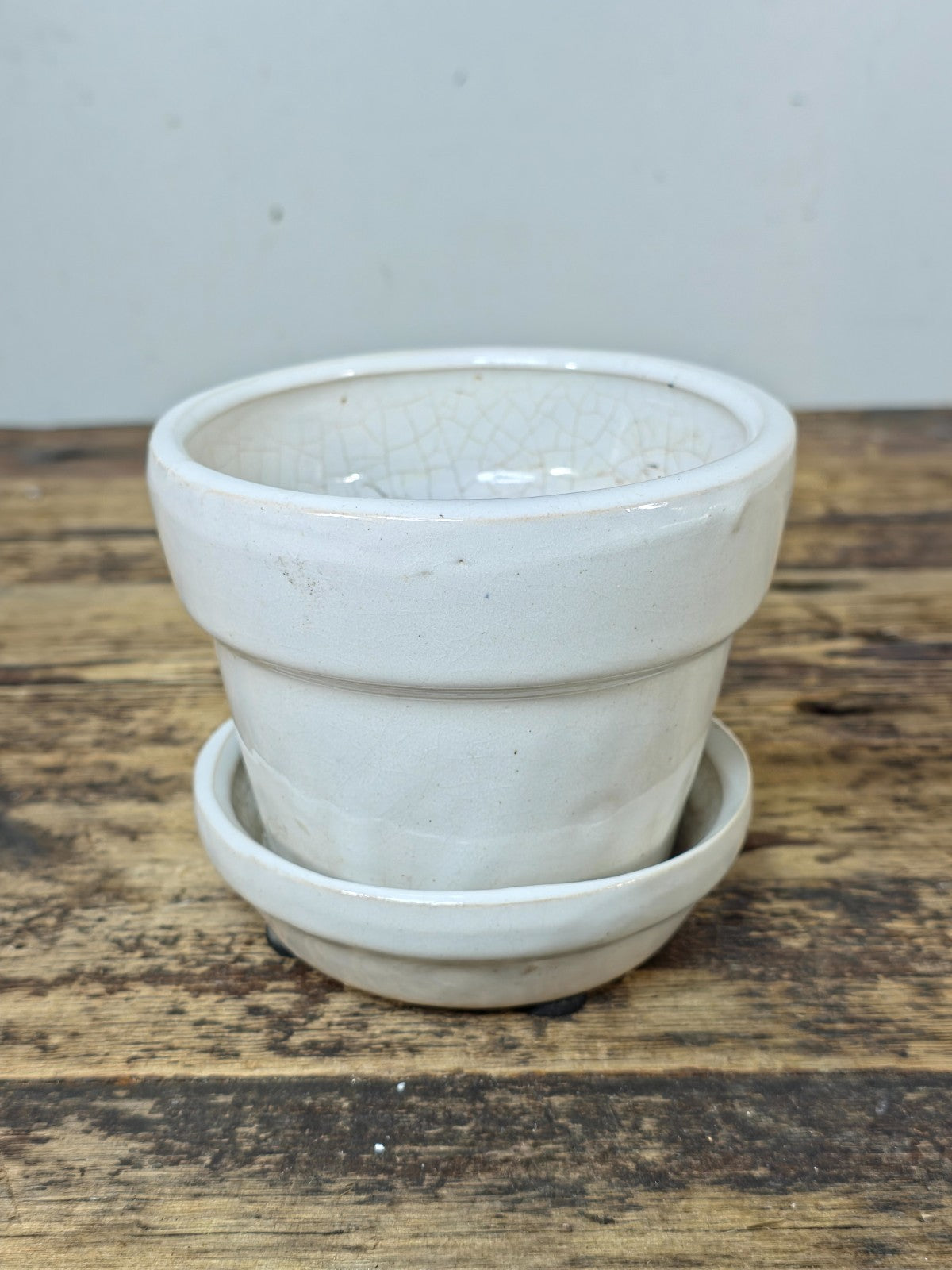 Vintage Small White Glazed Pottery Planter with Saucer — Minimalist Studio Style