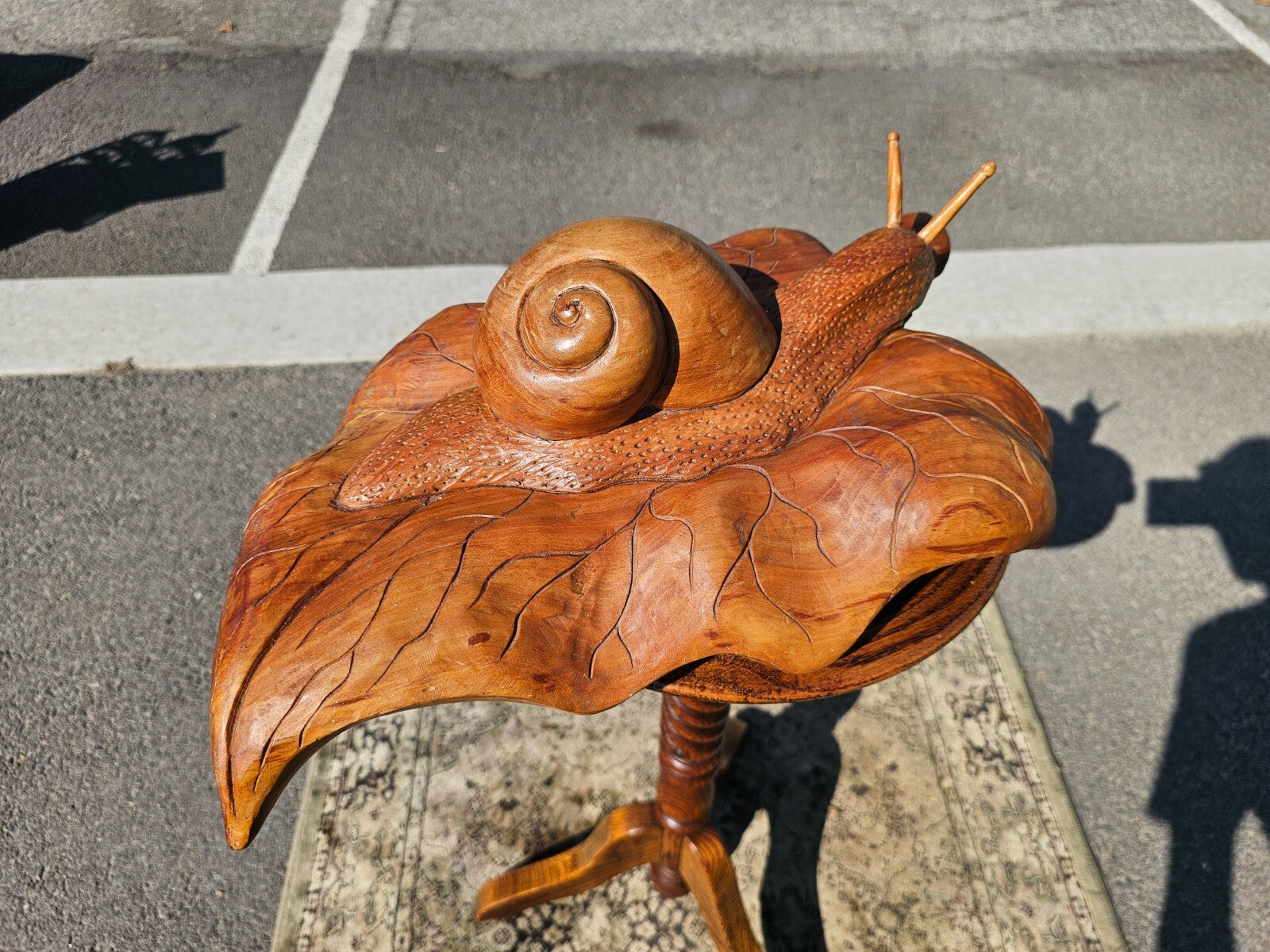Handcrafted Wooden Snail on Leaf Sculpture Signed 19"L x 11"W x 5.5"H