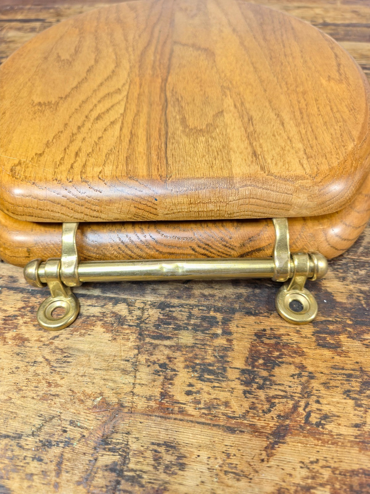 Vintage Solid Oak Toilet Seat w/ Brass Hinges “C.S.” Mark – Made in Taiwan R.O.C