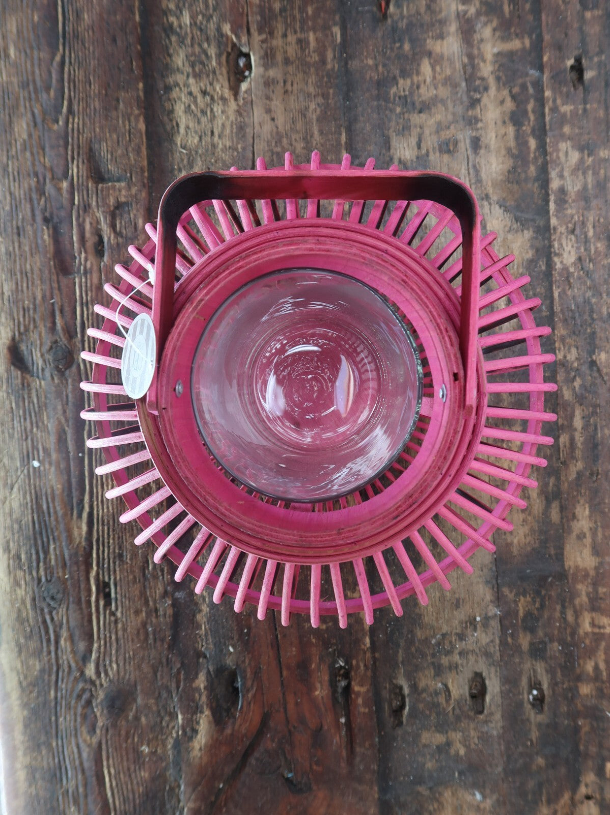 Pink Bamboo Candle Lantern With Handle 10" x 10" x H 8.5"