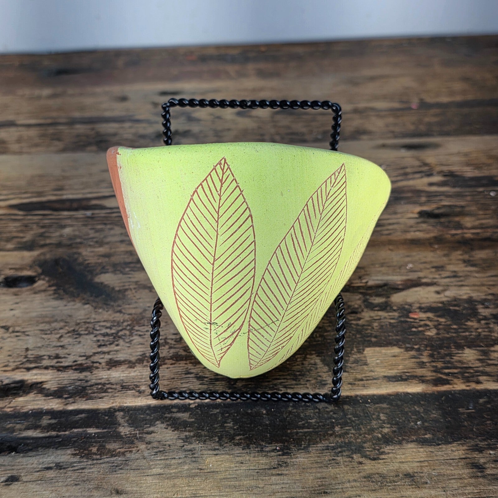 Handmade Terracotta Wall Pocket / Wall Planter (Light Yellow, Leaf Motif)