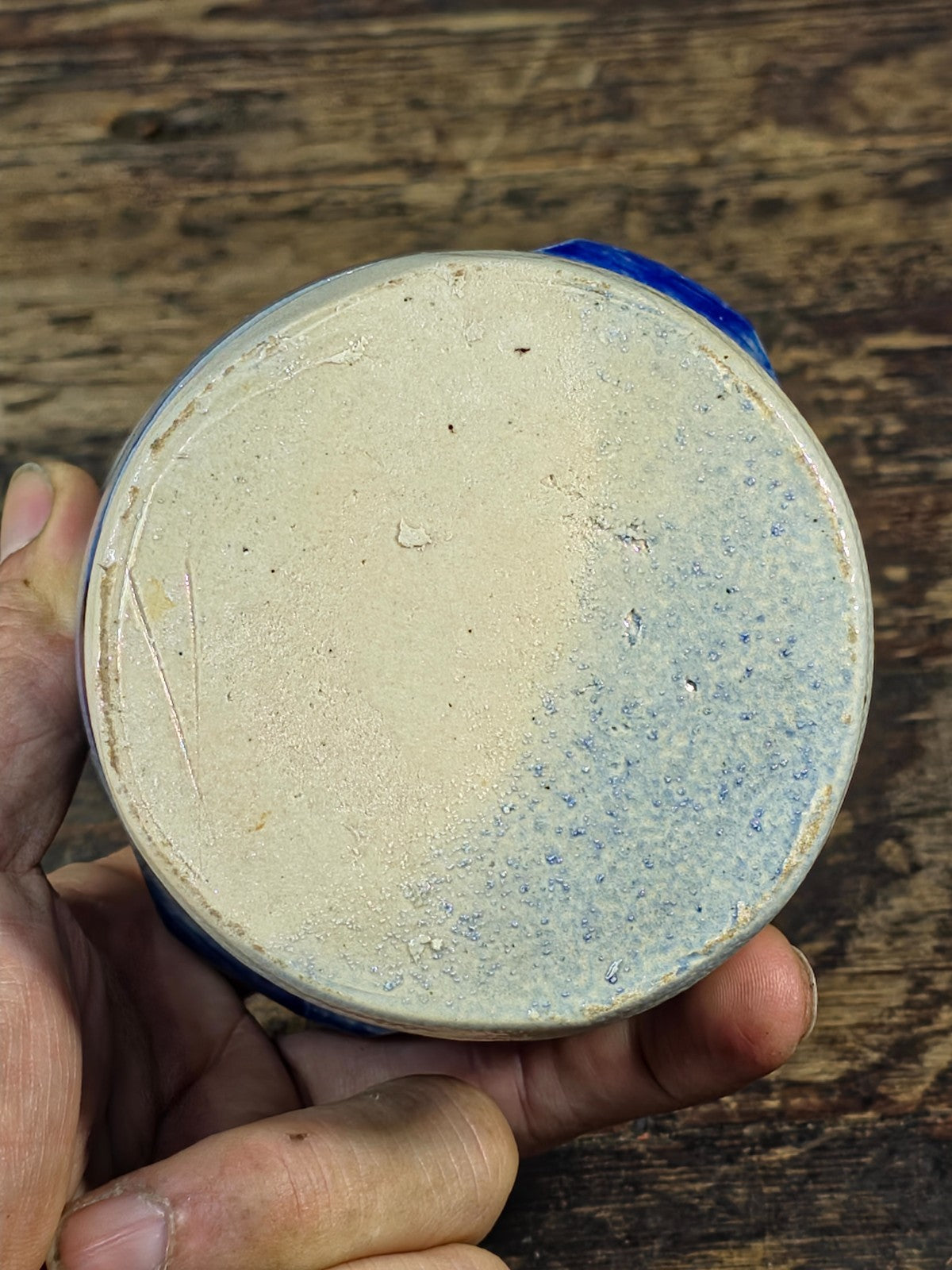 Small Blue & White Stoneware Crock with Lid – Hand Painted Folk Pottery 4" Jar