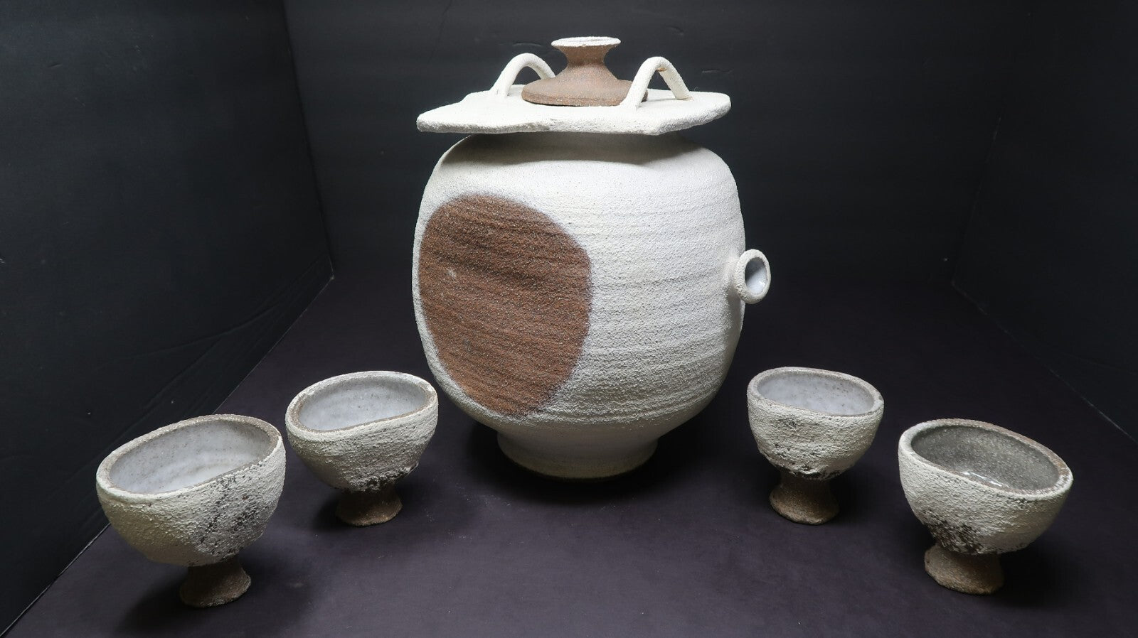 Stoneware Wine Sake Tea Pot Cup Set Handcrated Pottery Signed by Artist