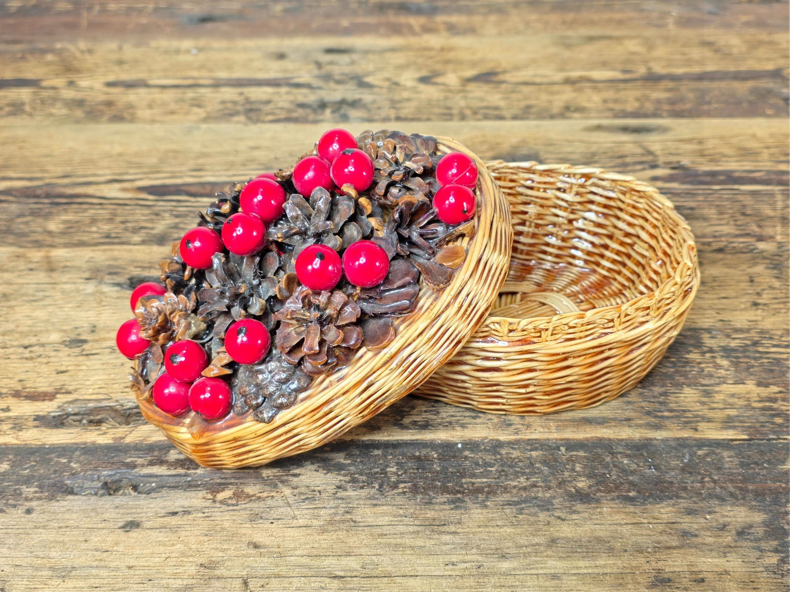 Vintage Resin Coated Wicker Basket with Pinecones and Red Berries Lid