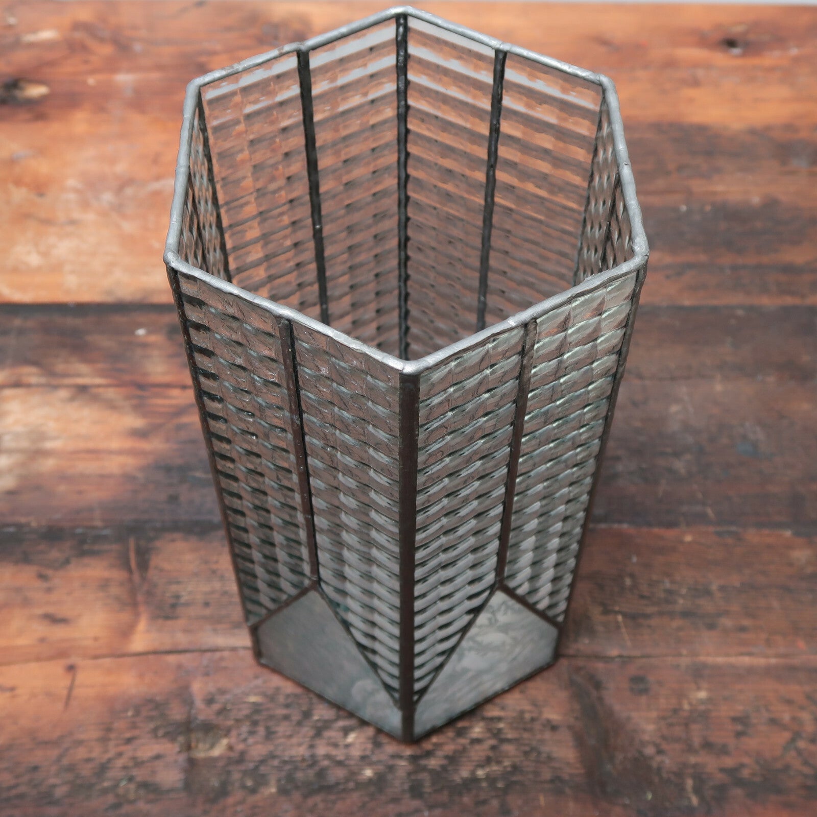 Vintage Leaded Glass Hexagonal Pillar Candle Hurricane Lamp H 10"