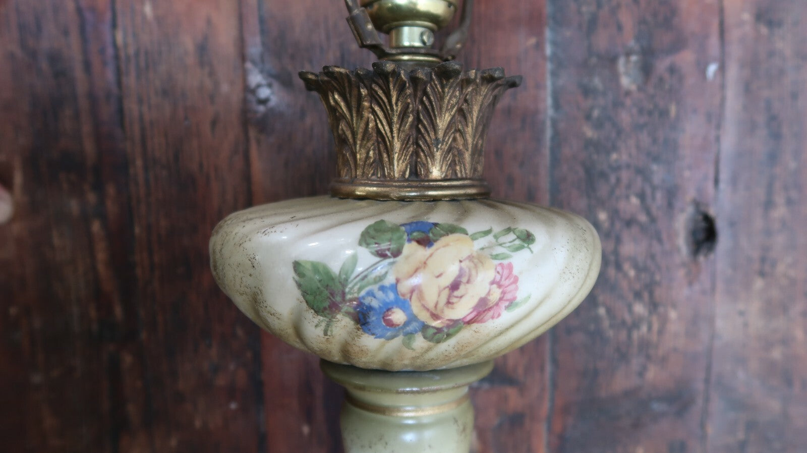 Antique Floral Design Tole and Brass Table Lamp 6.5" x 6.5" x H32.5" (To Harp)