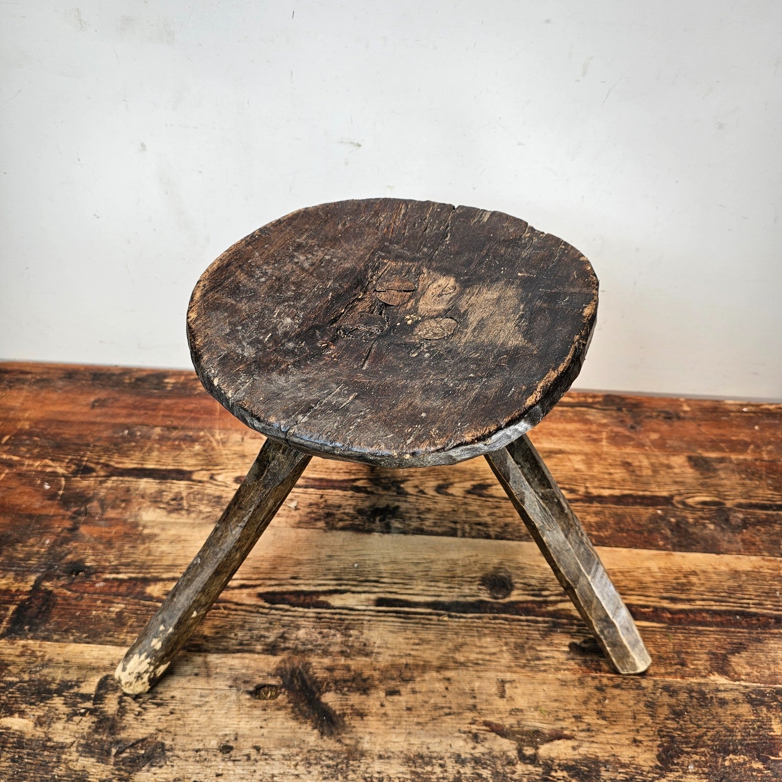 Authentic 18th-19th Century European Primitive Milking Stool / Wabi Sabi 12.75"H
