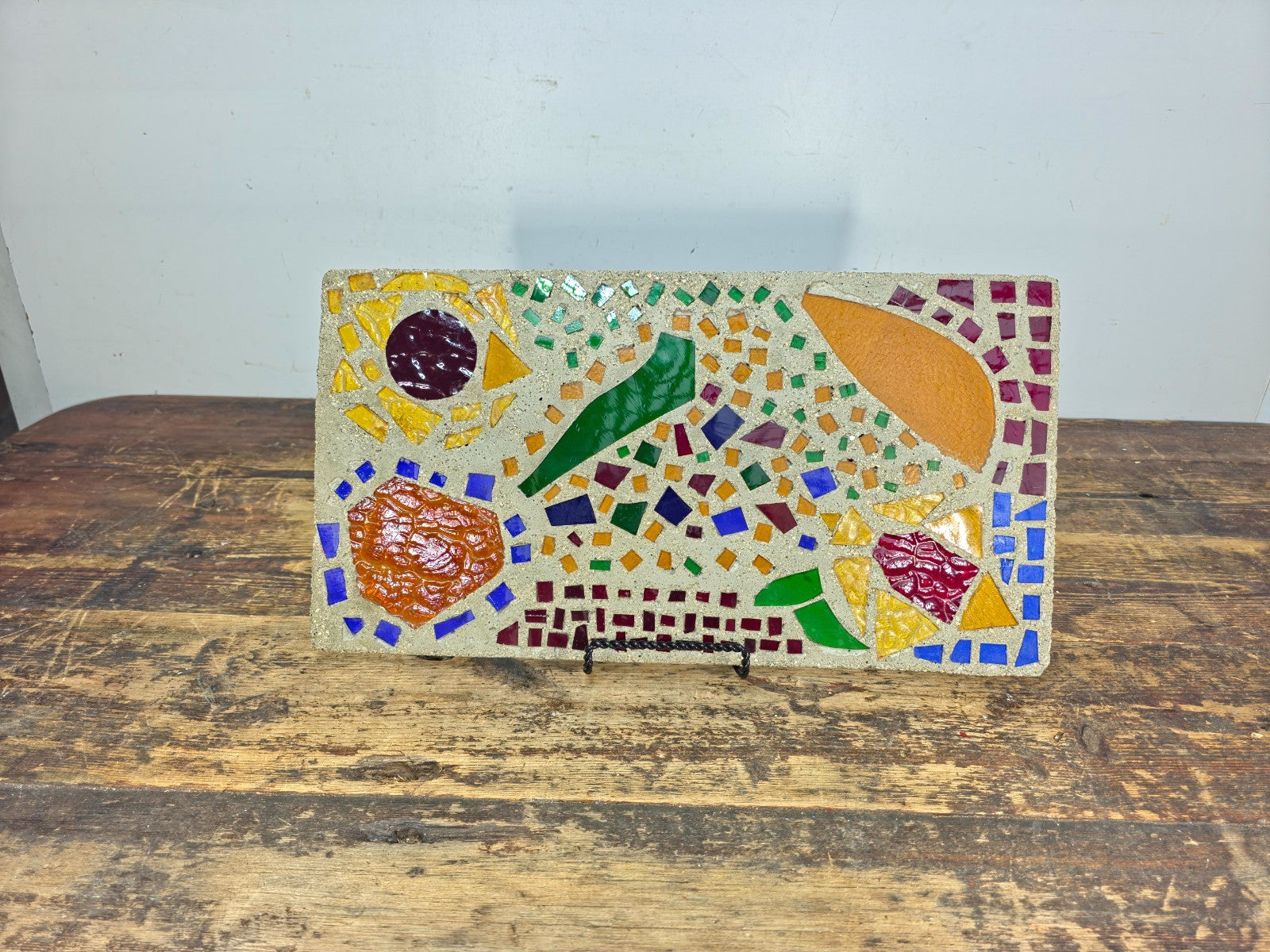 Glass Mosaic Art Tile Mid Century Style Abstract Colorful Wall Plaque 7.2lb.