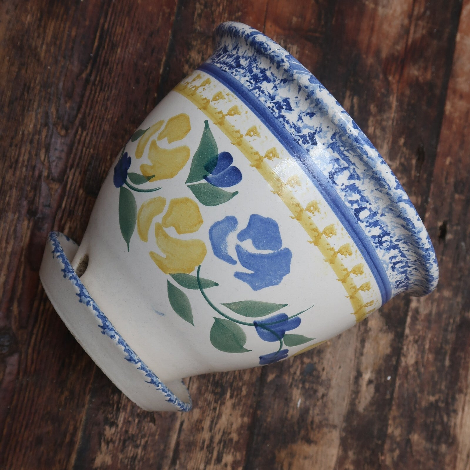 Porcelain Pot Attached Saucer Blue Yellow White Floral 9" x 9" x H 8"