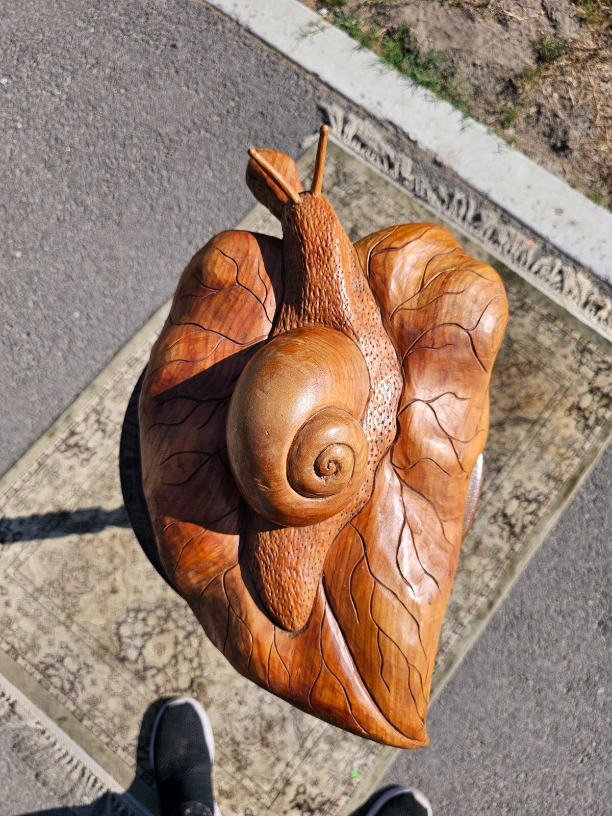 Handcrafted Wooden Snail on Leaf Sculpture Signed 19"L x 11"W x 5.5"H