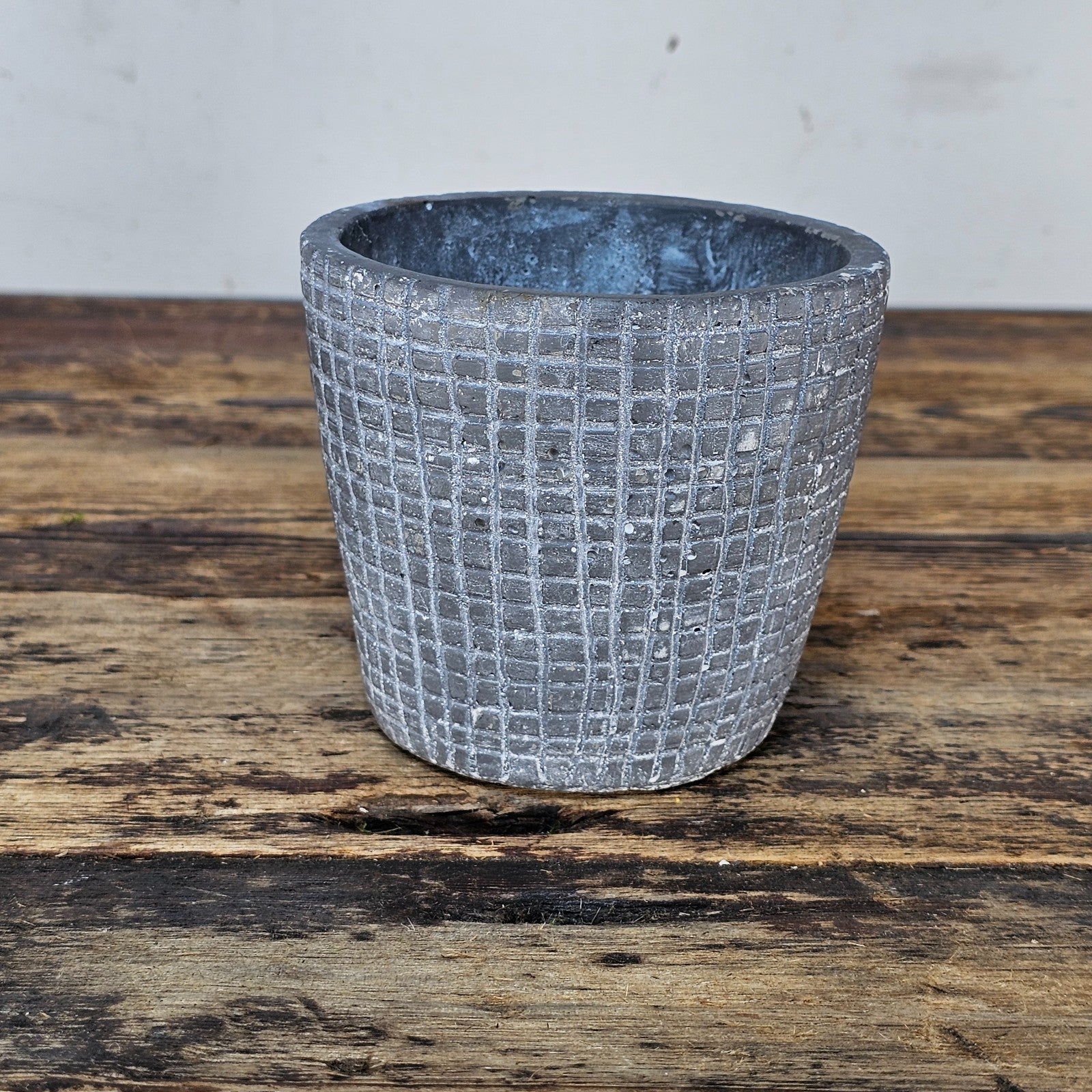 Small Concrete Planter Pot - Waffle Grid Texture, Industrial Brutalist Style