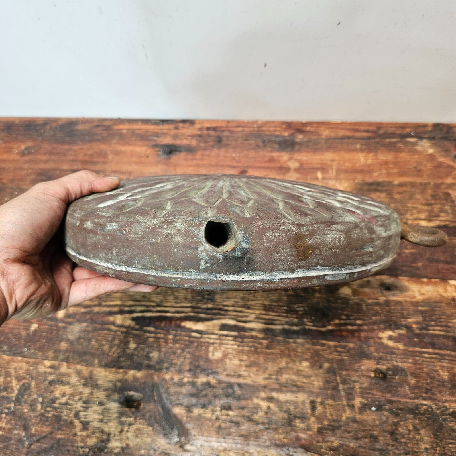 Antique Middle-Eastern Tinned Engraved Copper Canteen Wall Decor