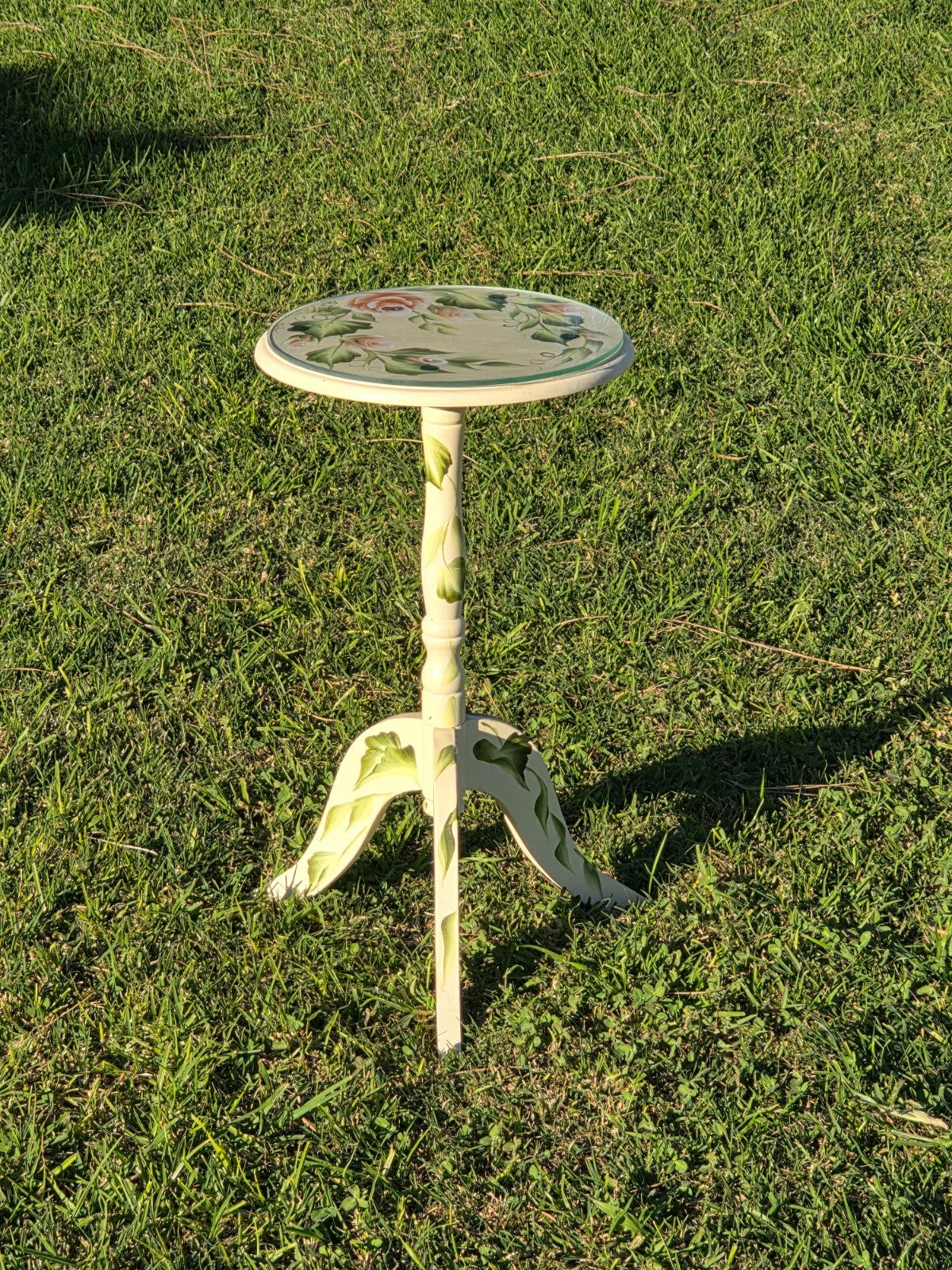 Hand Painted Floral Accent Table Signed Rosetta w/ Glass Top 22"