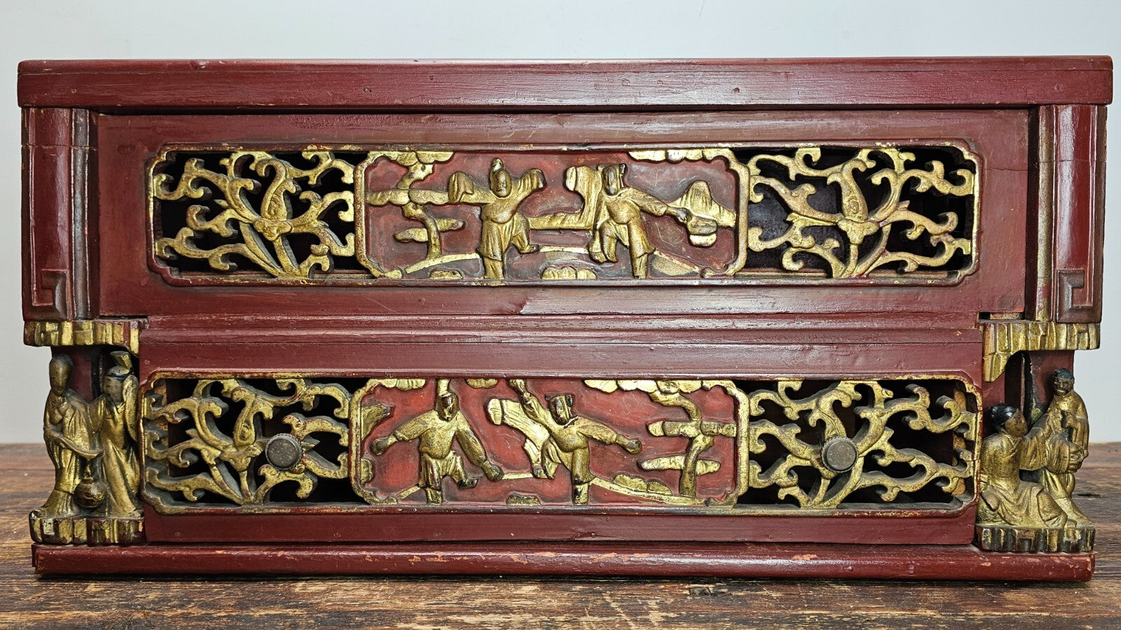 Antique Chinese Red & Gilt Carved Wood Chest Box