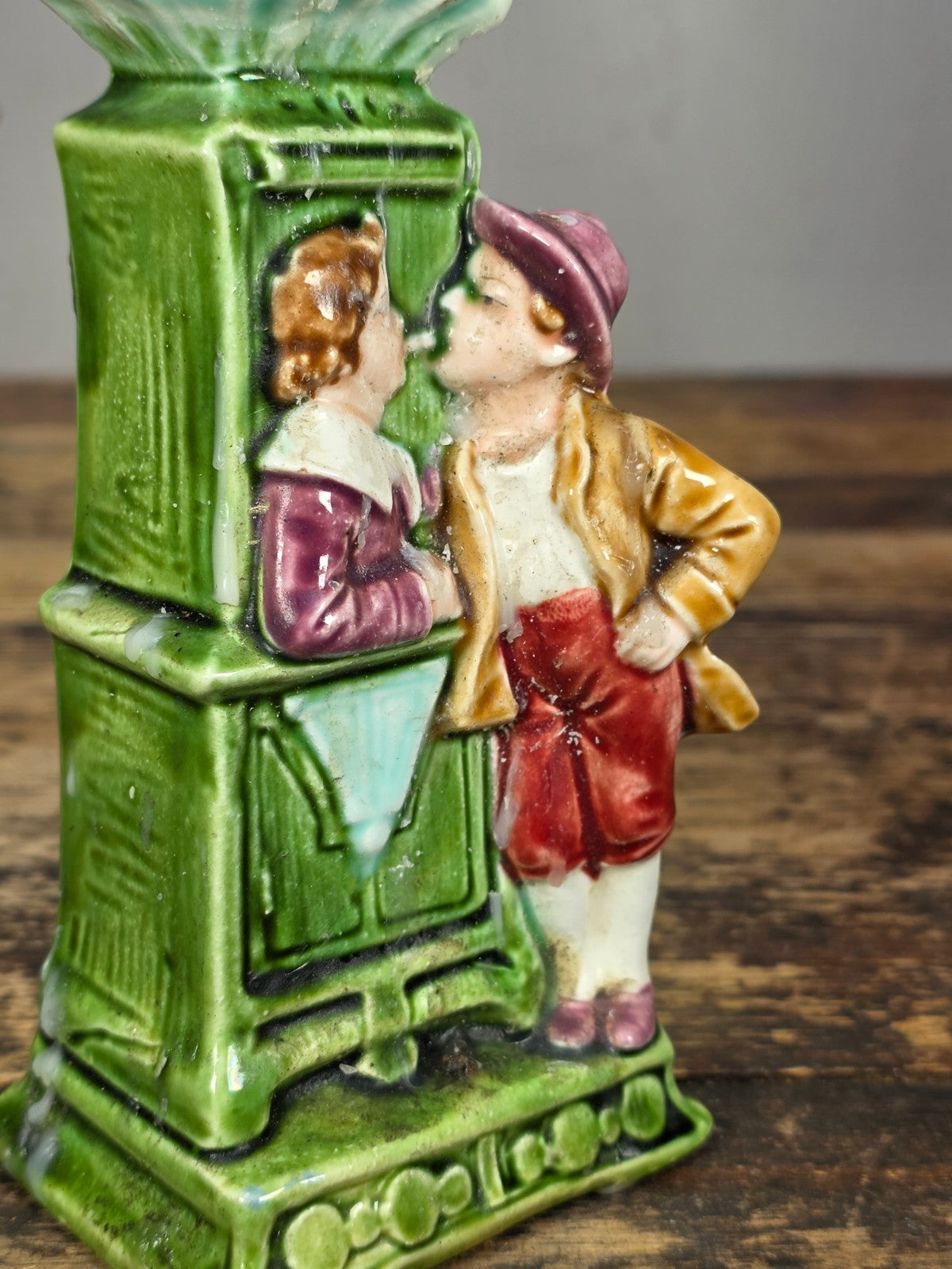 Antique German Majolica Figural Candle Holder Lovers Smoking Scene c.1900s