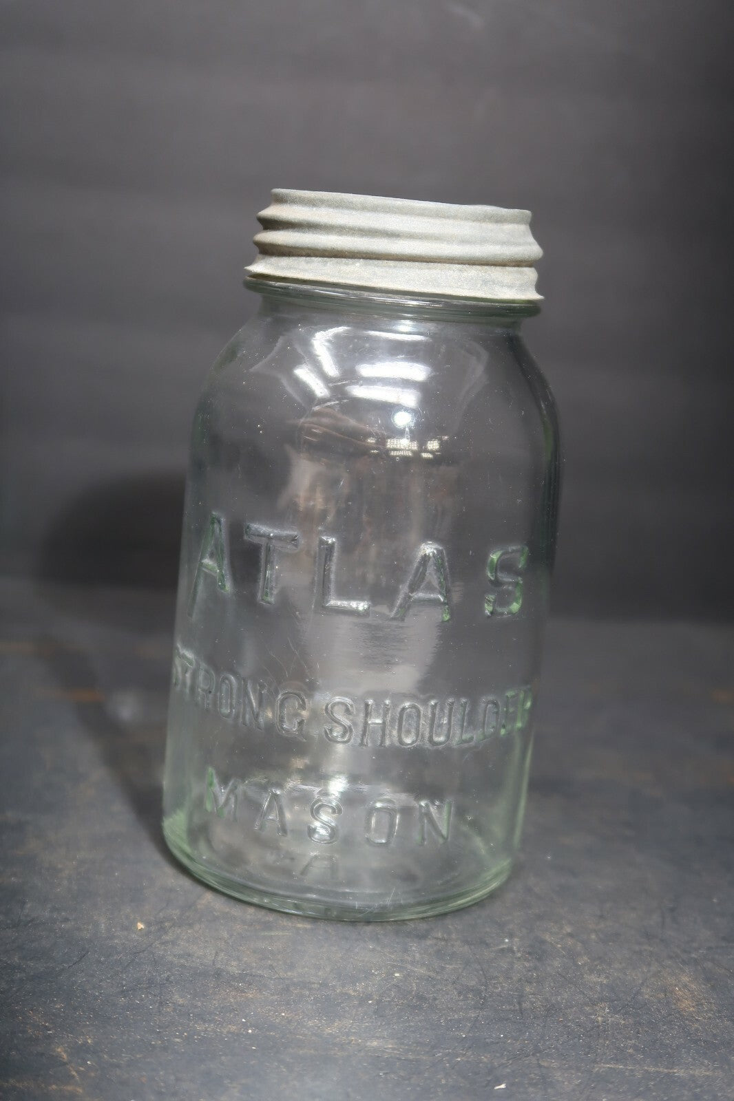 Vintage Atlas Strong Shoulder Mason Canning Jar With Zinc Lid 3.75" x 7"