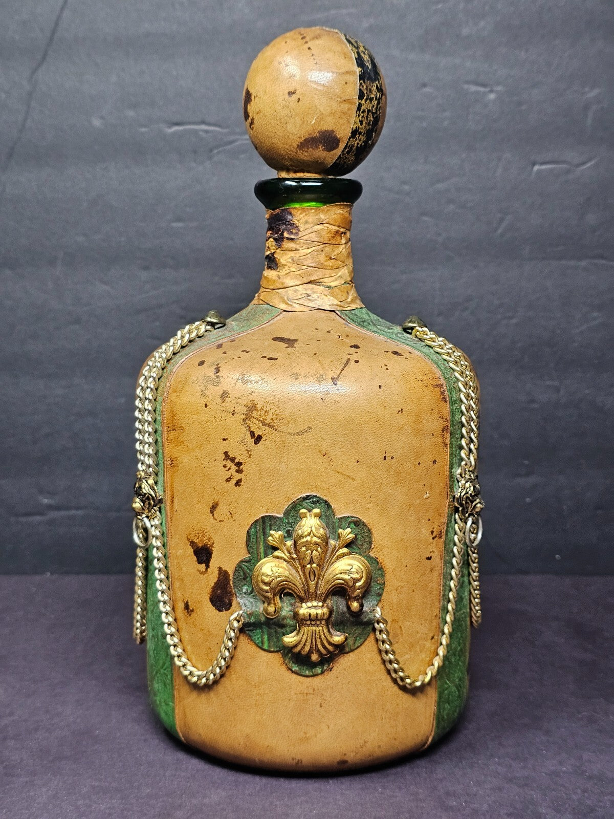 Vintage Leather Covered Decanter Bottle Italy Fleur de Lis Bar Decor