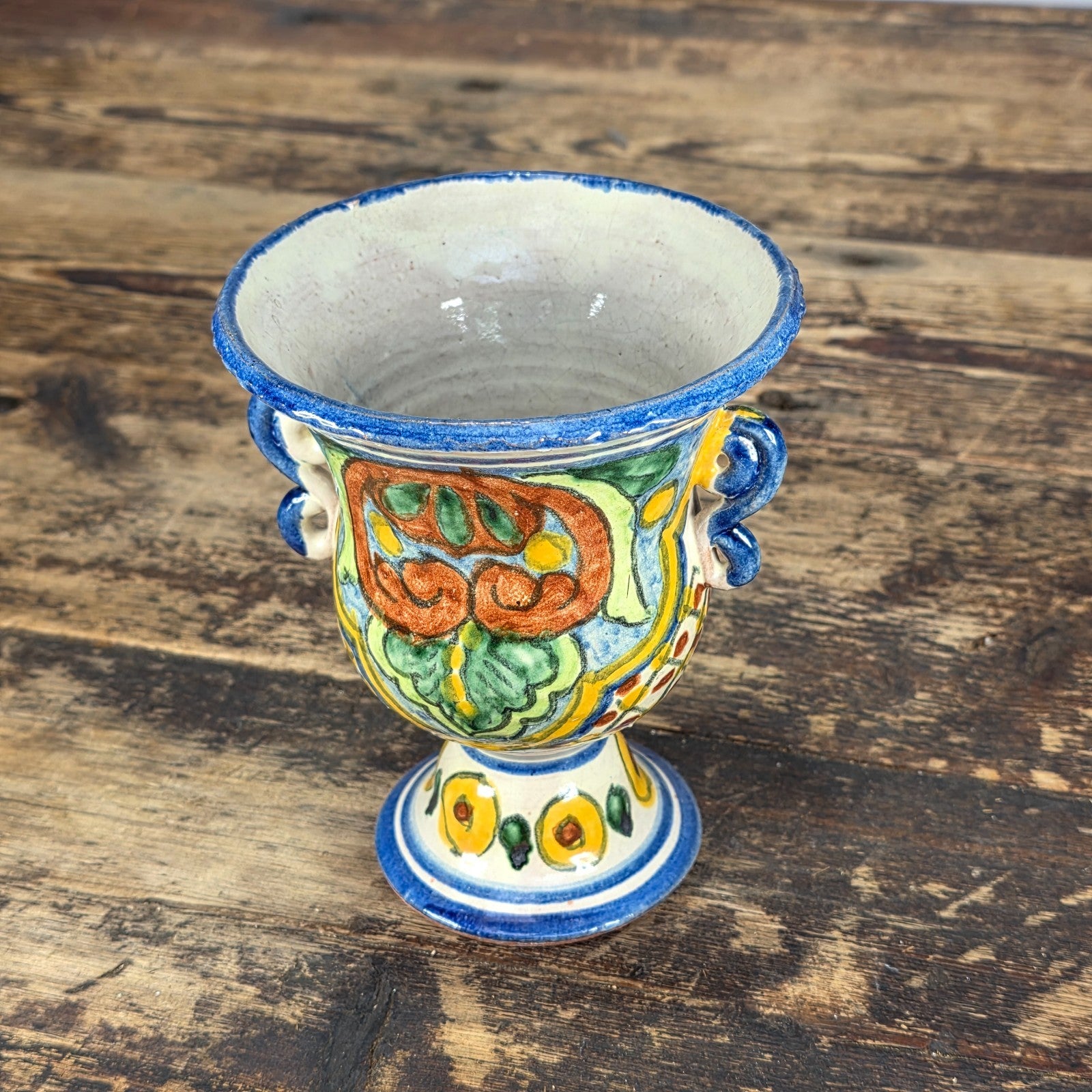Vintage Mexican Talavera Hand-Painted Chalice Vase / Goblet Form Pottery