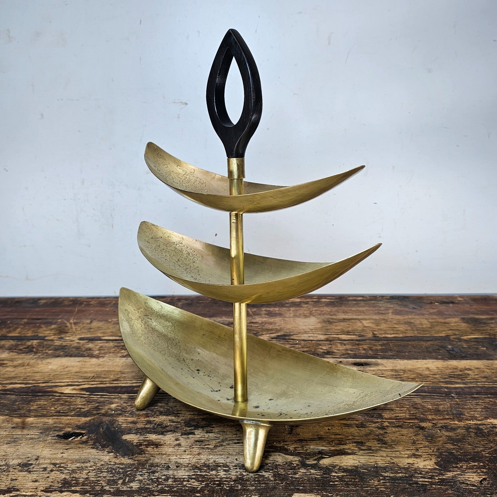 Mid-Century Modern Footed Brass 3 Tier Cake Stand with Wood Handle