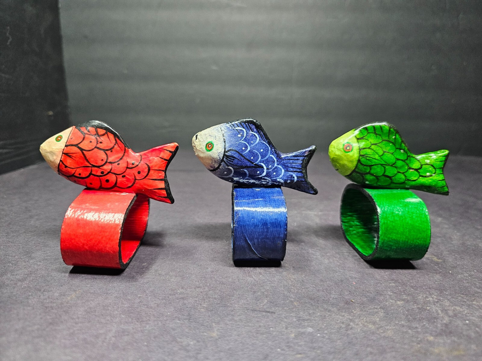 Set of 6 Colorful Hand Painted Teak Wood Fish Napkin Rings