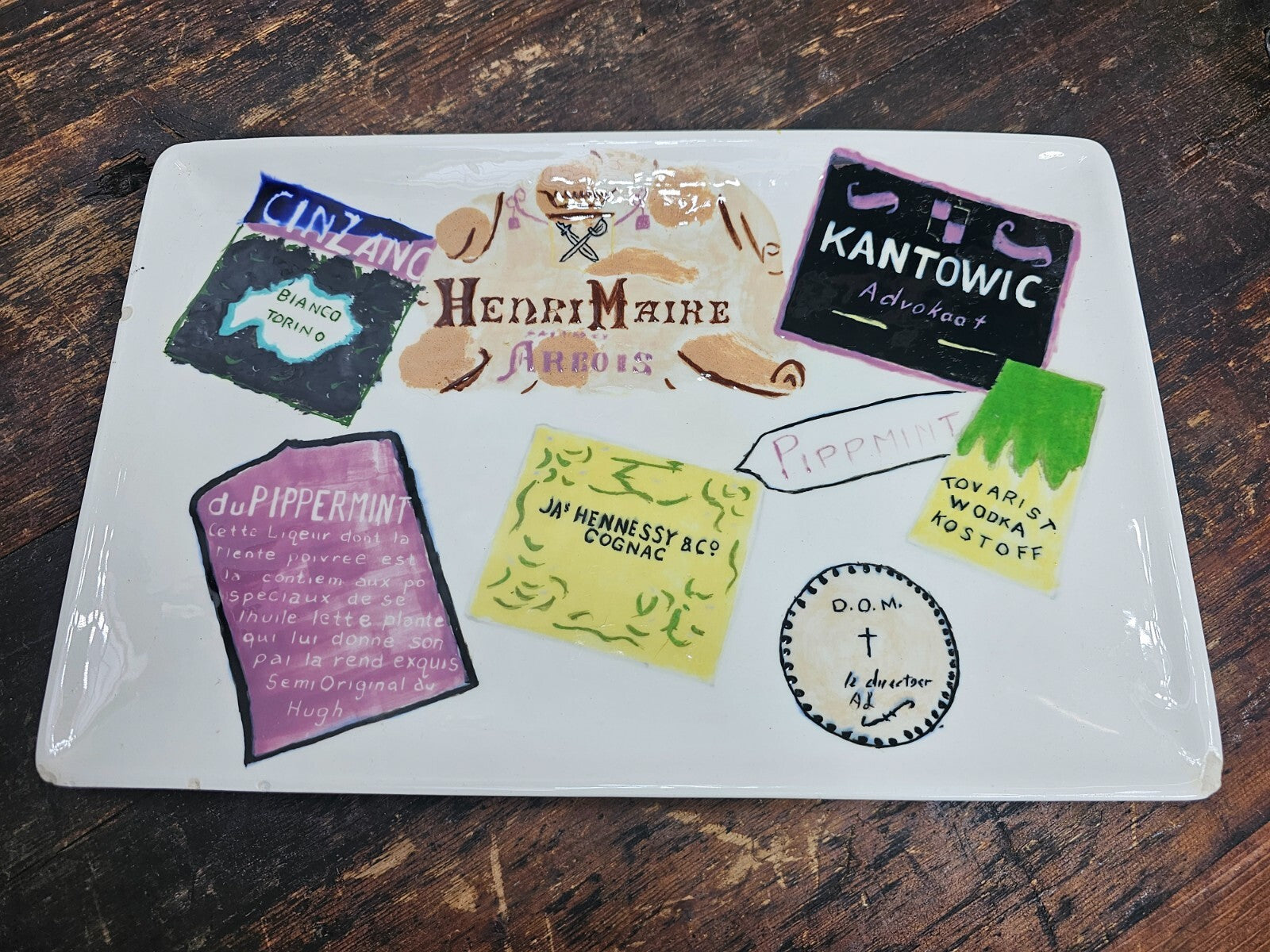 Hand-Painted Bottle Labels platter Cheese Plate Signed 13" L x 8.5" W x 1" H