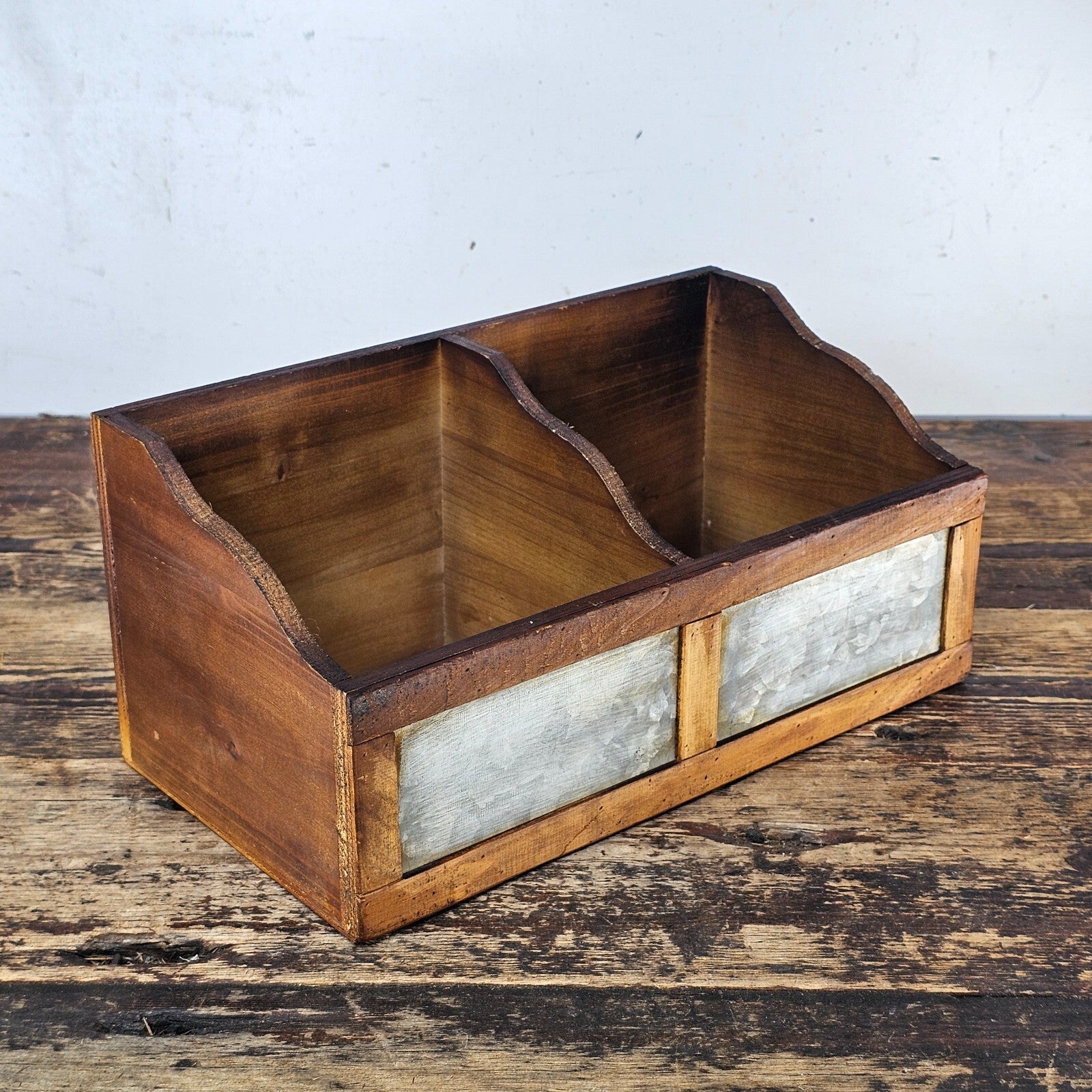 Rustic Wooden Desktop Organizer with Metal Front Panels 11"L x 5.5"D x 6.25"H
