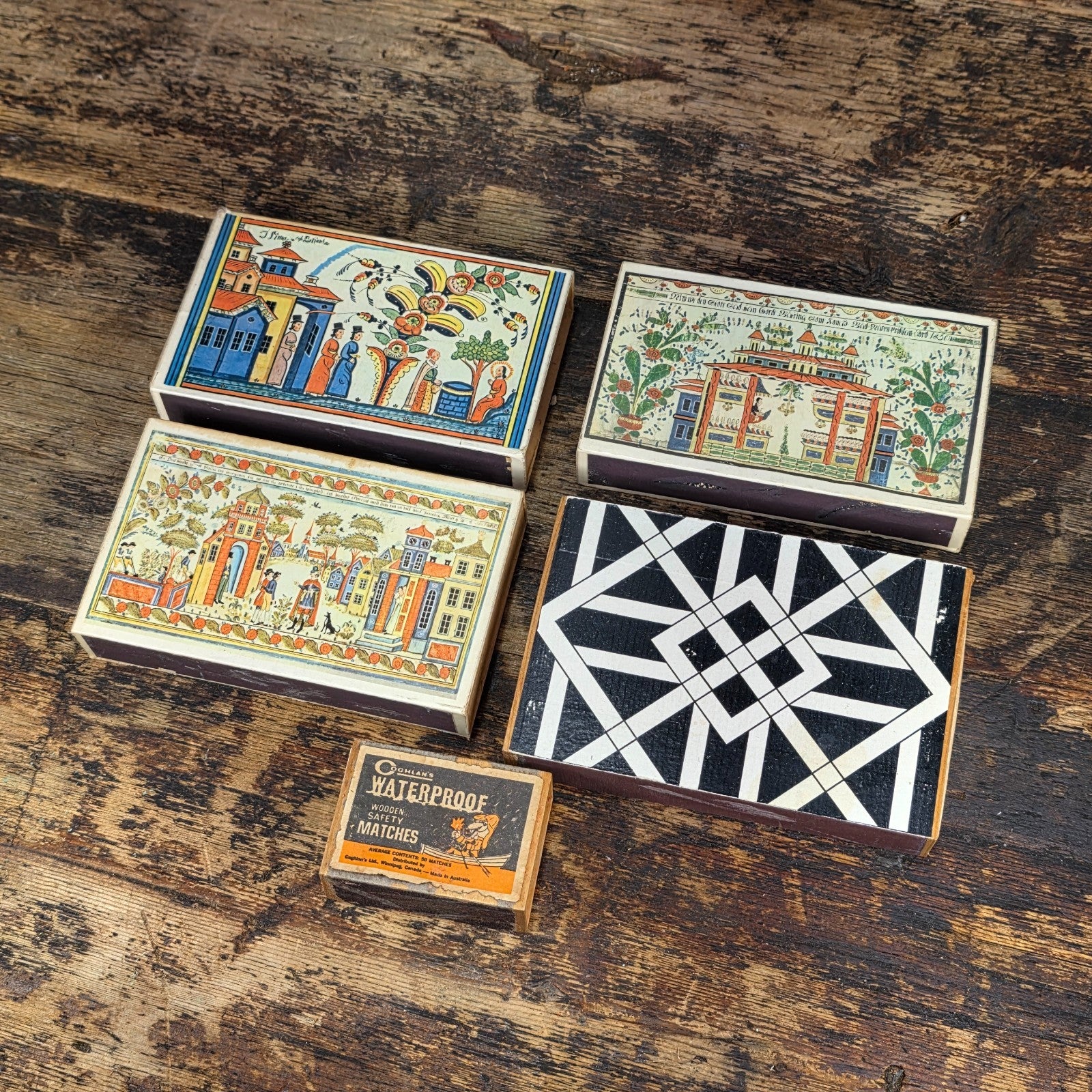 Vintage Matchbox Set, Swedish Folk Art & Coghlan’s Waterproof, 1960s–70s