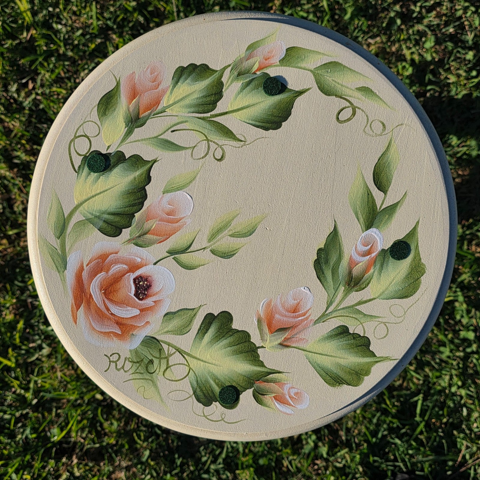 Hand Painted Floral Accent Table Signed Rosetta w/ Glass Top 22"