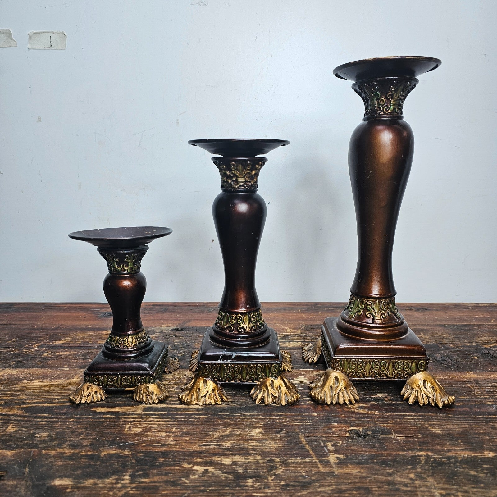 Set of 3 Ornate Resin Candle Holders With Metal Candle Drip Tray