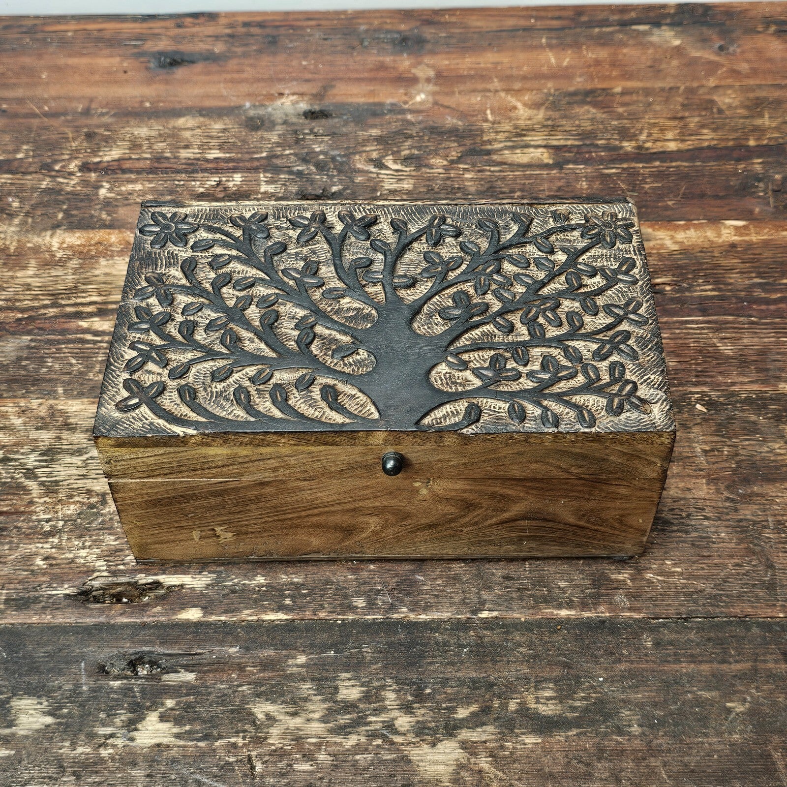 Handmade Decorative Wooden Jewelry Box Tree Of Life Carving 10"L x 6"D x 4.25"H