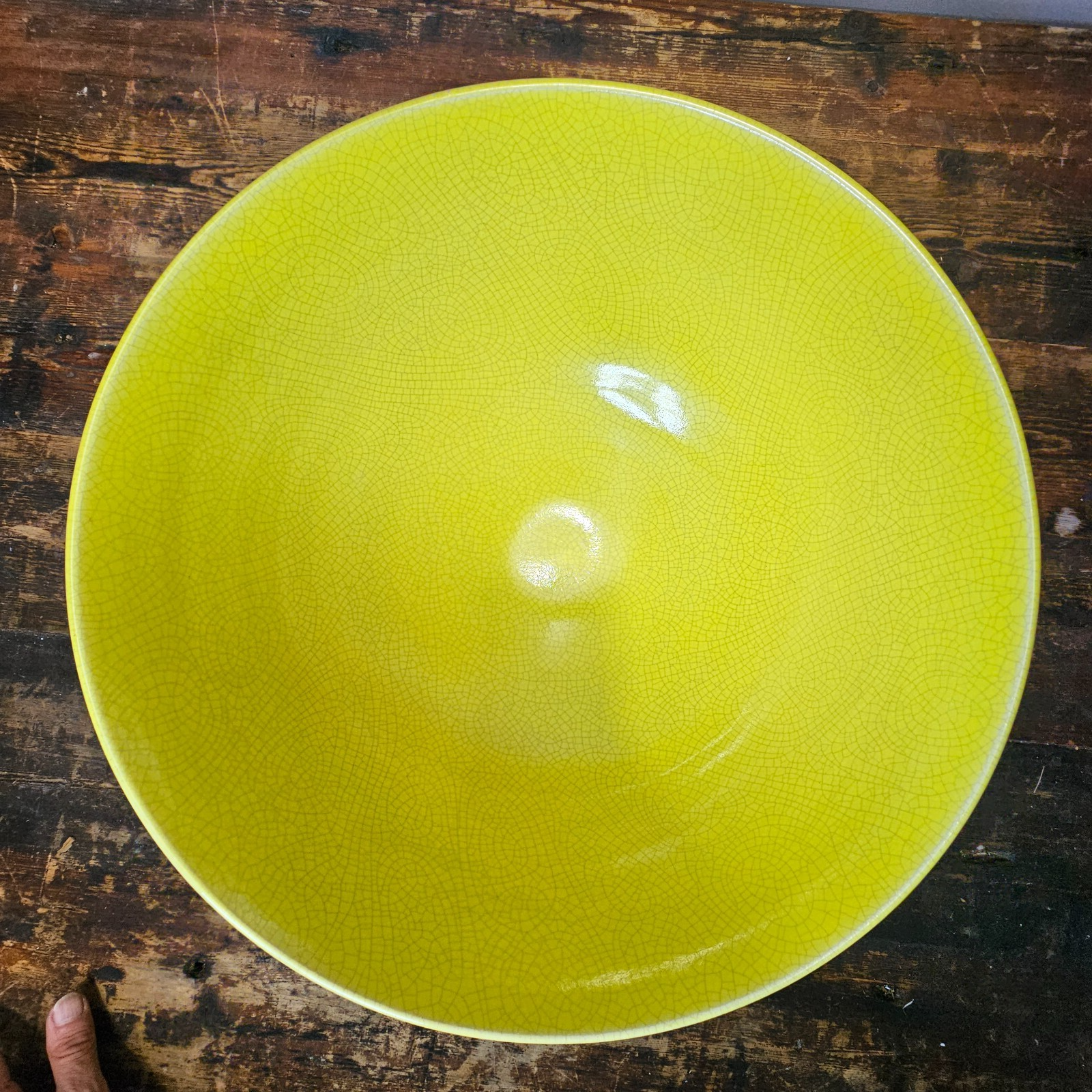 Handcrafted Large Yellow Crackle Glaze Ceramic Bowl 14.5"Diam x 7.5"H