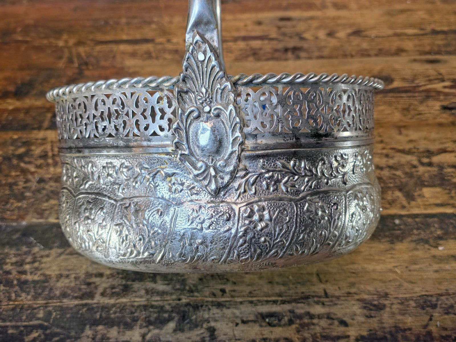 Vintage Silverplated Repoussé Basket with Handle Handmade India 10.25"L x 8.75"W