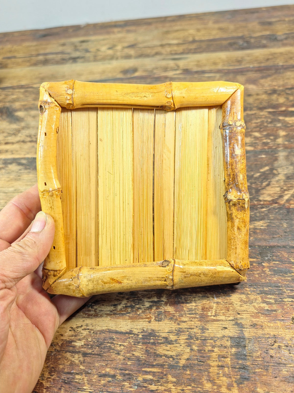 Vintage Handmade Bamboo Square Tray – 5.5" Natural Display Stand / Coaster