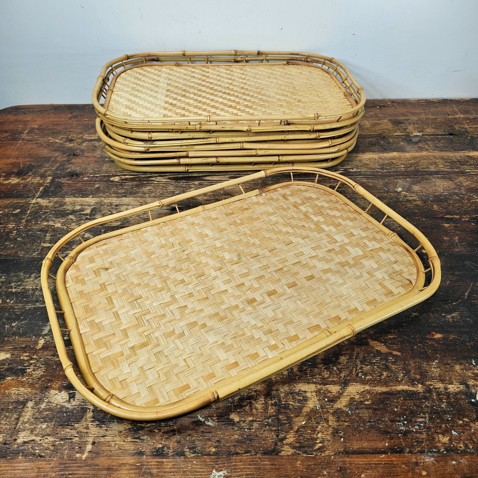 Set of 7 Vintage Bamboo Tray Woven Wicker Serving Tray Boho 19" x 13" x 1-1/4"