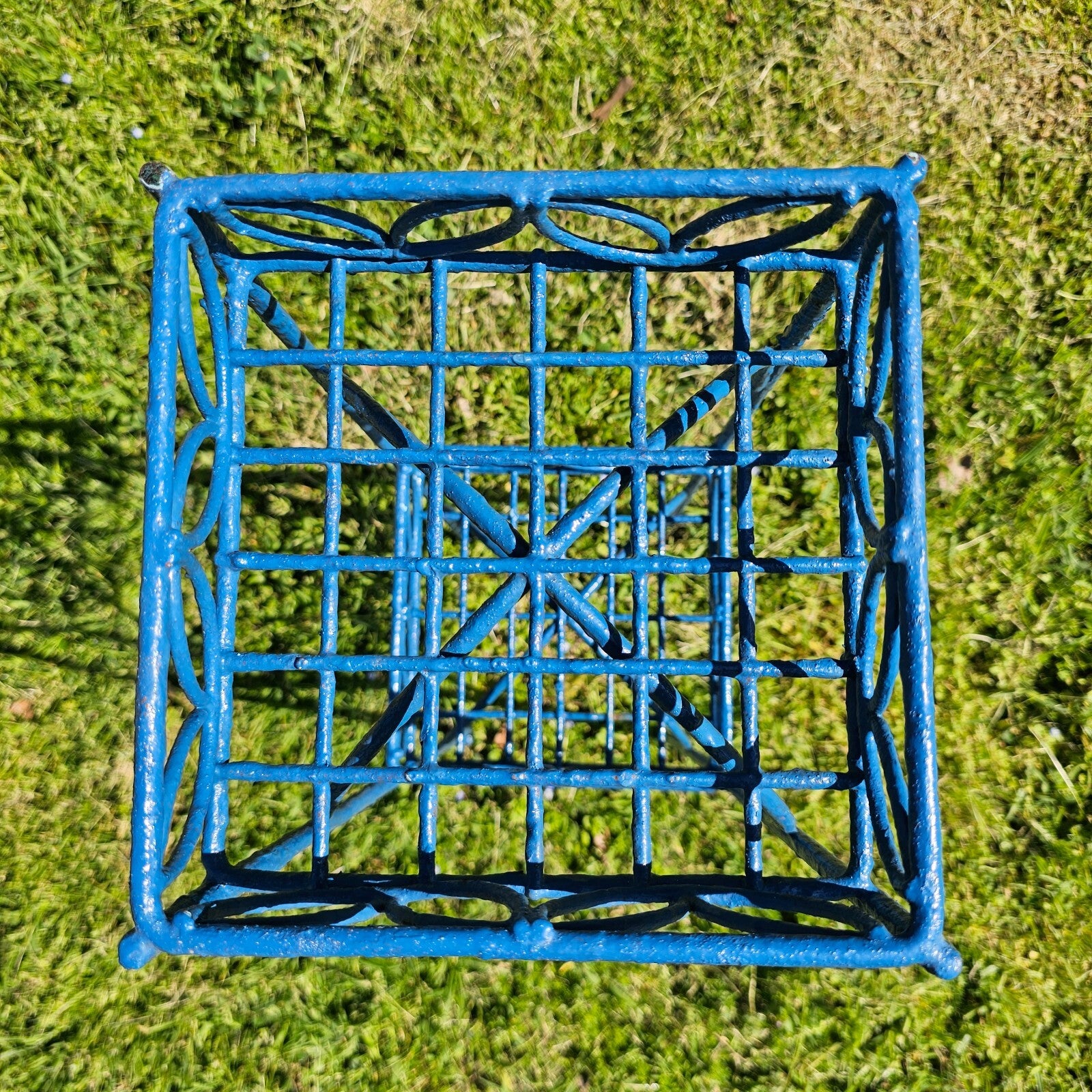 Mid-Century Blue Metal 2-Tier Plant Stand 8" x 8" x 28"H