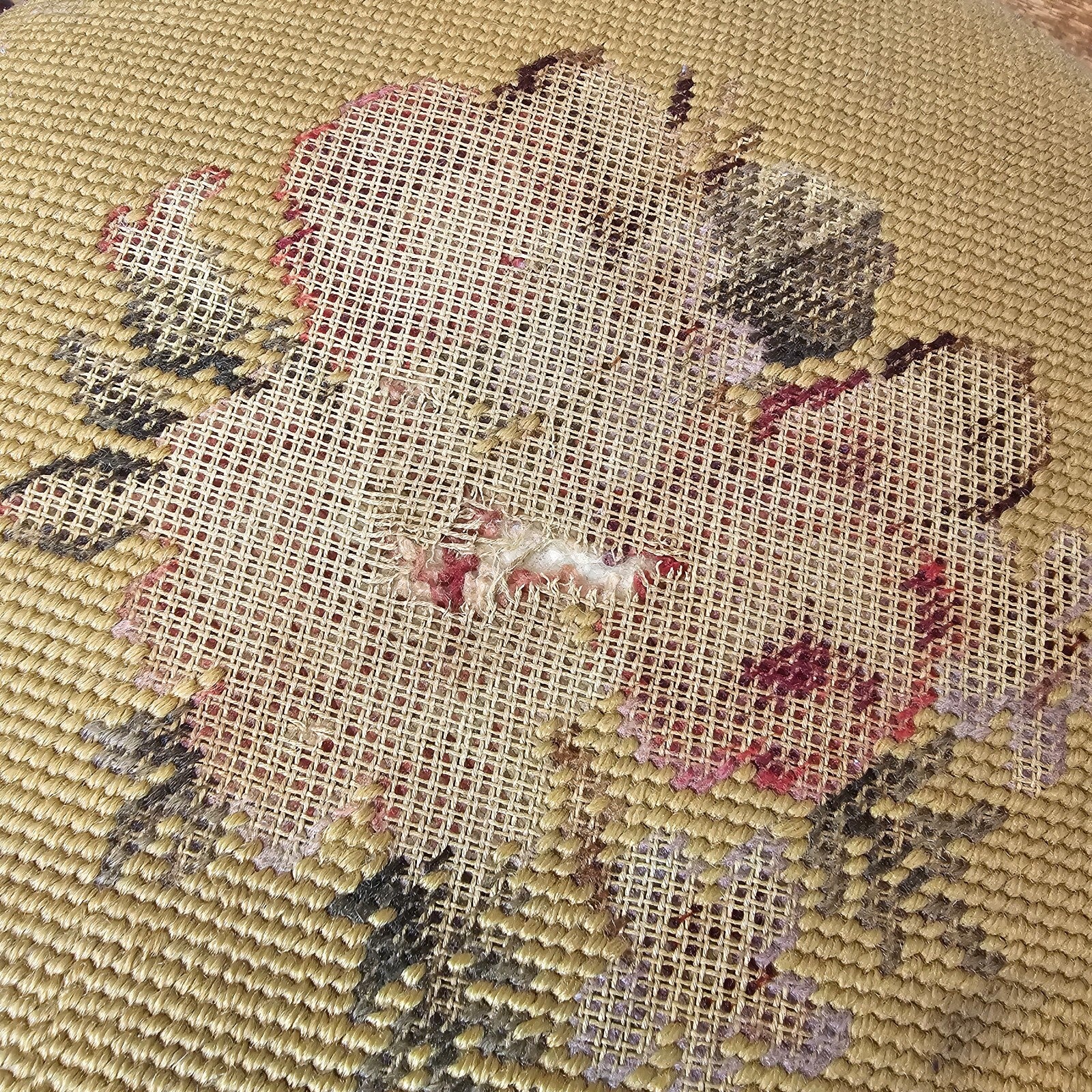 Antique French Petit Point Embroidered Footstool 11.5"Diam × 7.5"H